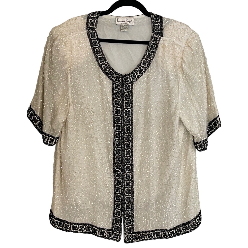 Laurence Kazar Vintage Silk Sequin Beaded Blouse White Black Floral Trim‎ 2X